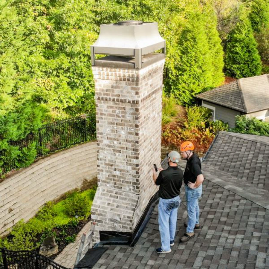 CSIA-certified chimney sweep technician inspecting a chimney at a Dallas, TX home