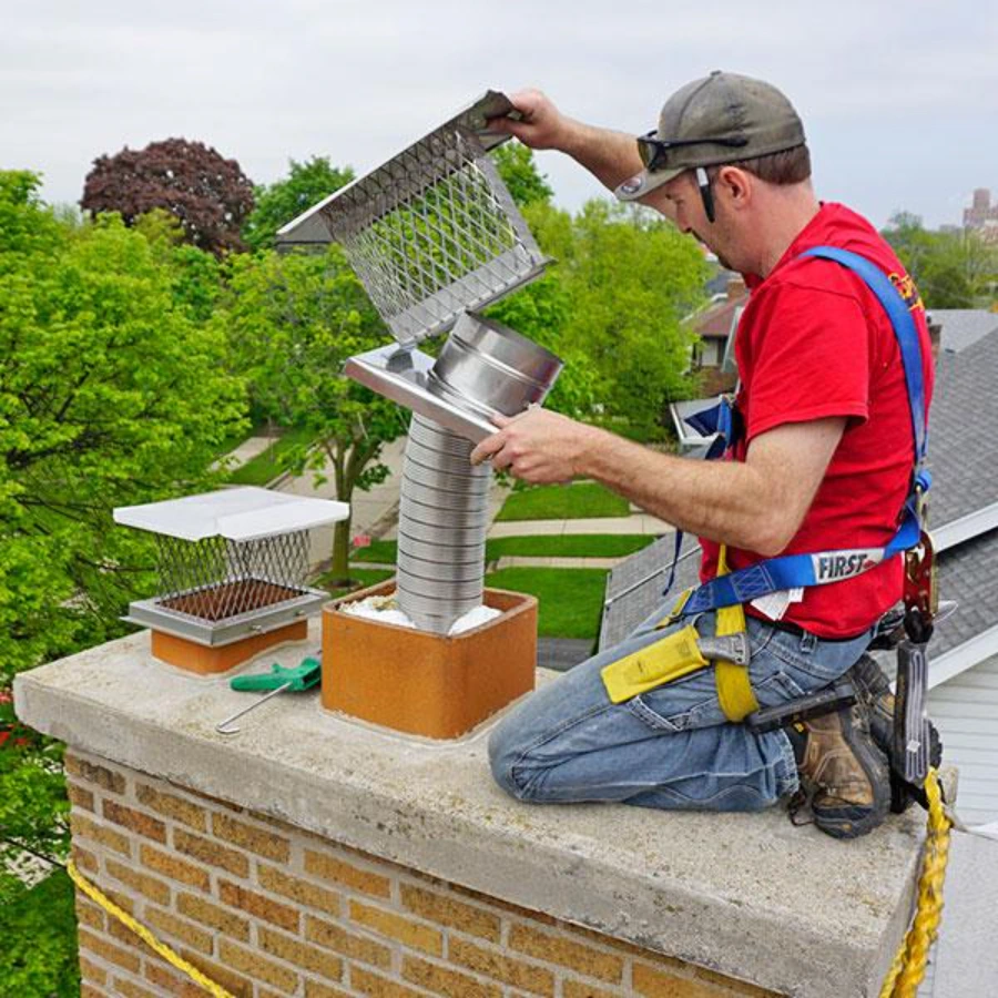 New stainless steel chimney cap and liner installed on a rooftop chimney