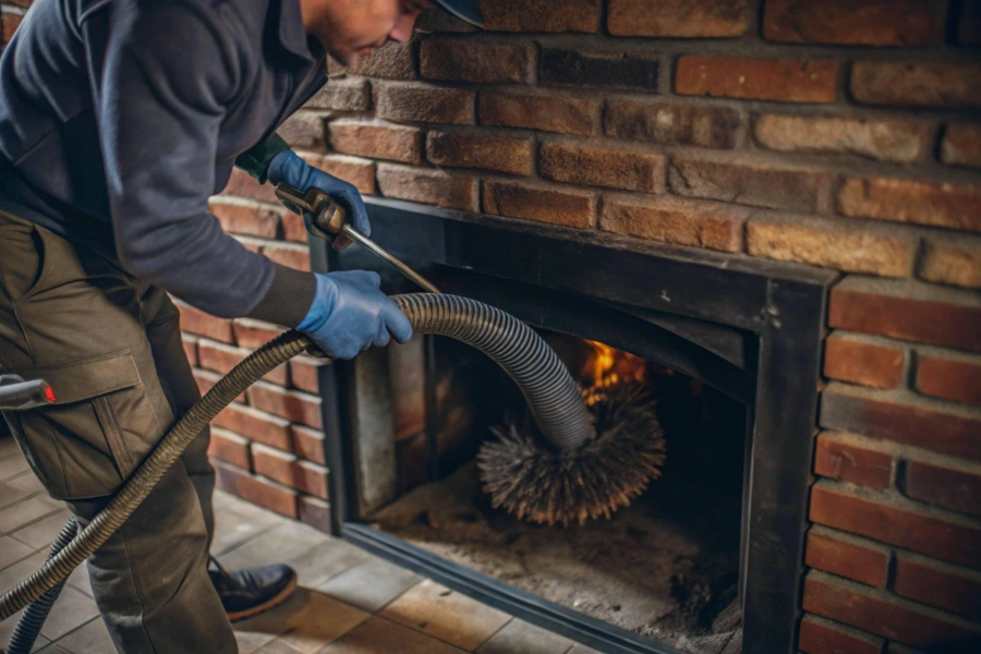 Technician sweeping creosote and soot from a residential chimney flue