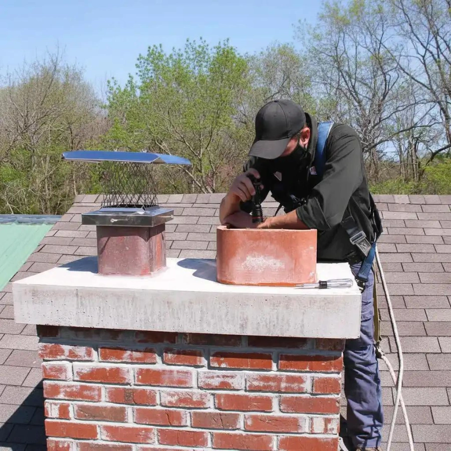 Chimney sweep technician inspecting a residential chimney in Highland Park, TX