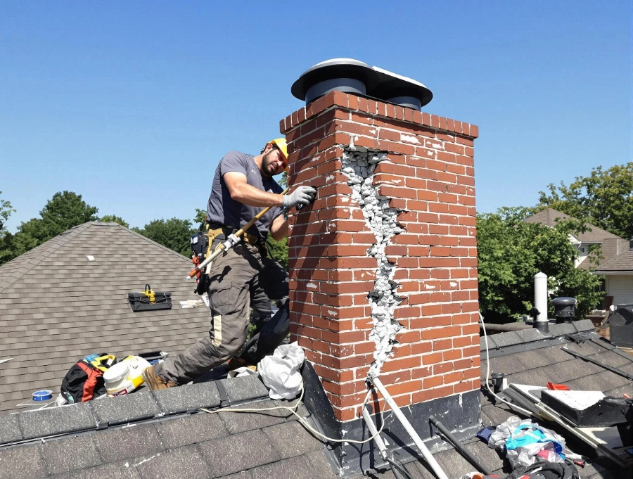 Cracked chimney crown and deteriorated masonry before repair in Dallas, TX