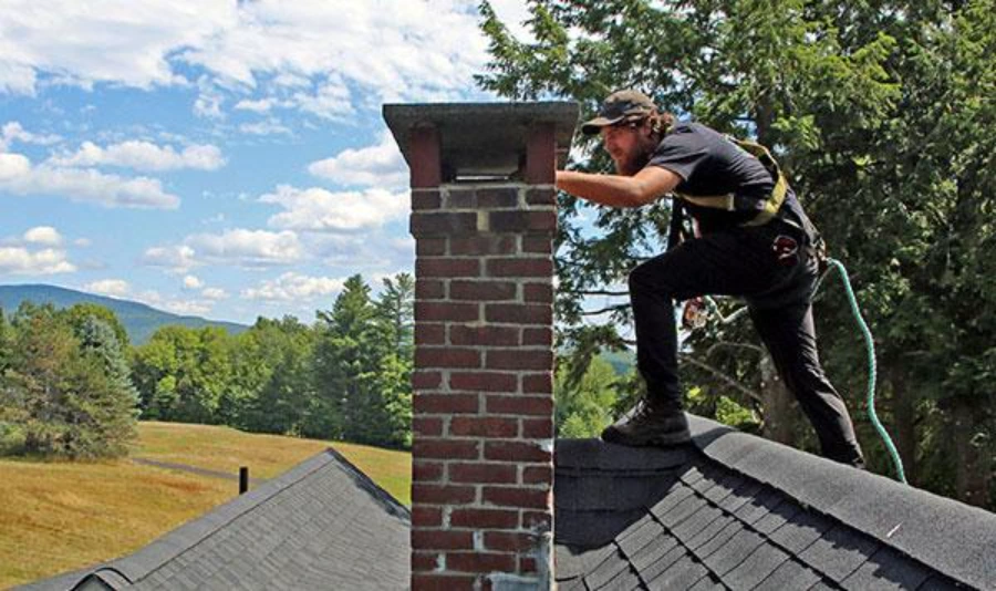 Chimney technician performing a camera inspection of a flue liner