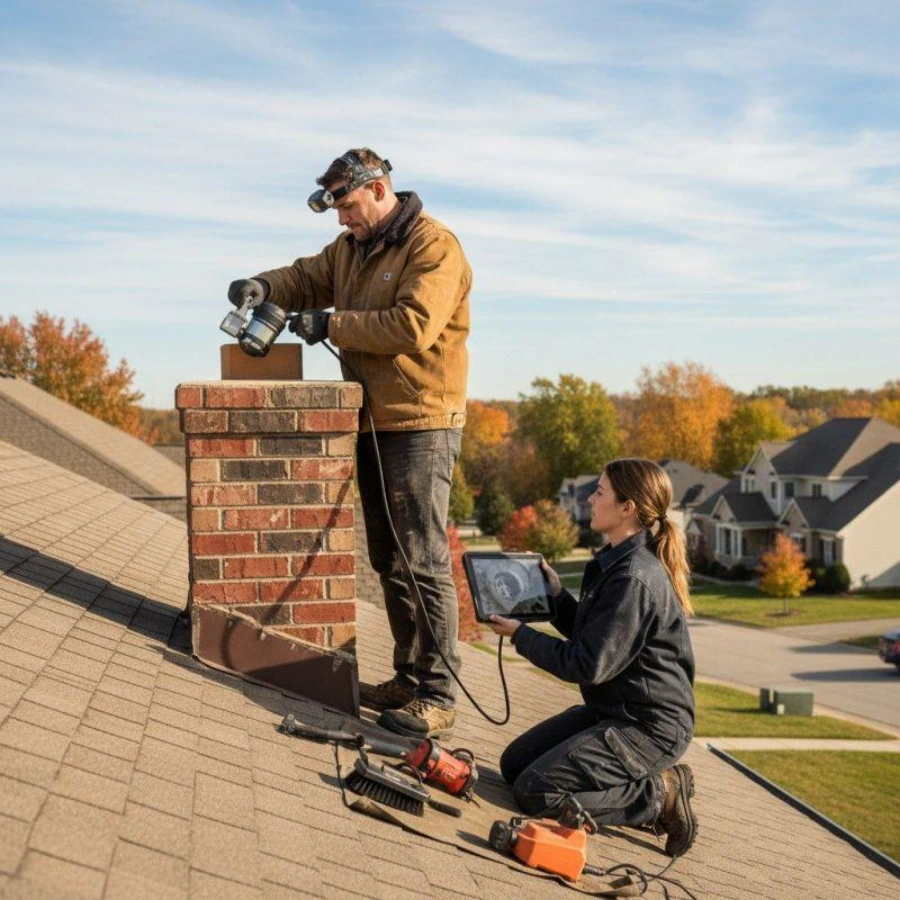 Chimney sweep technician inspecting a residential chimney in Dallas, TX